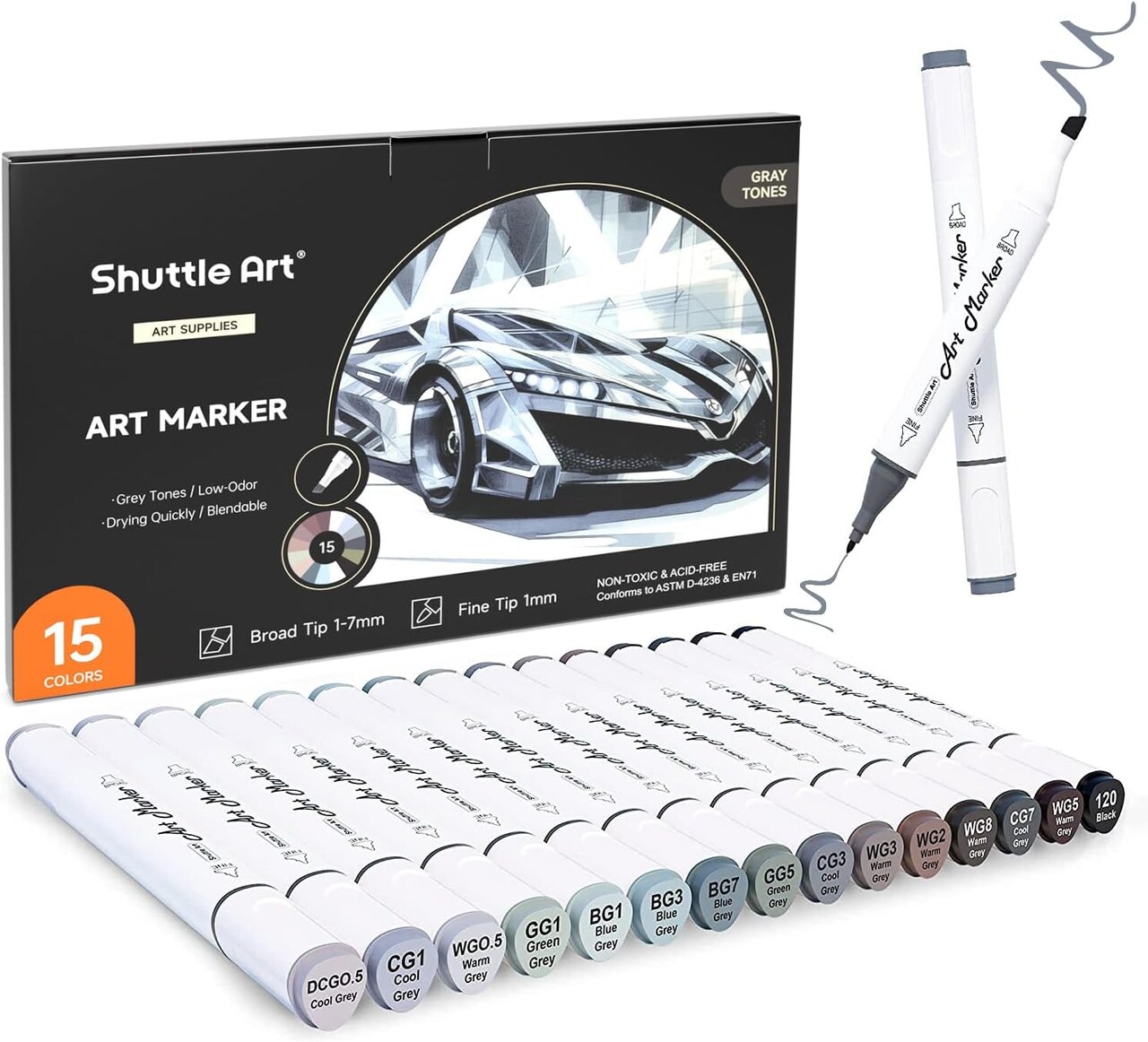 15 Colors Grey Tones Dual Tip Art Marker, Alcohol Based Marker Pens Double Ended with Fine and Chisel Point Tips